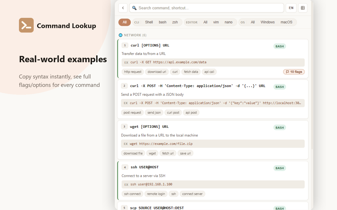 Command detail view with a real-world example and flags (curl)