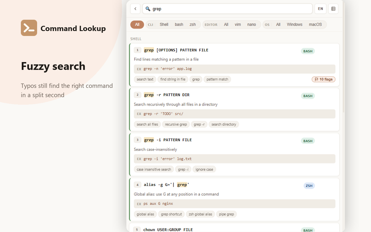 Fuzzy search with keyword highlighting, grouped by Shell/OS