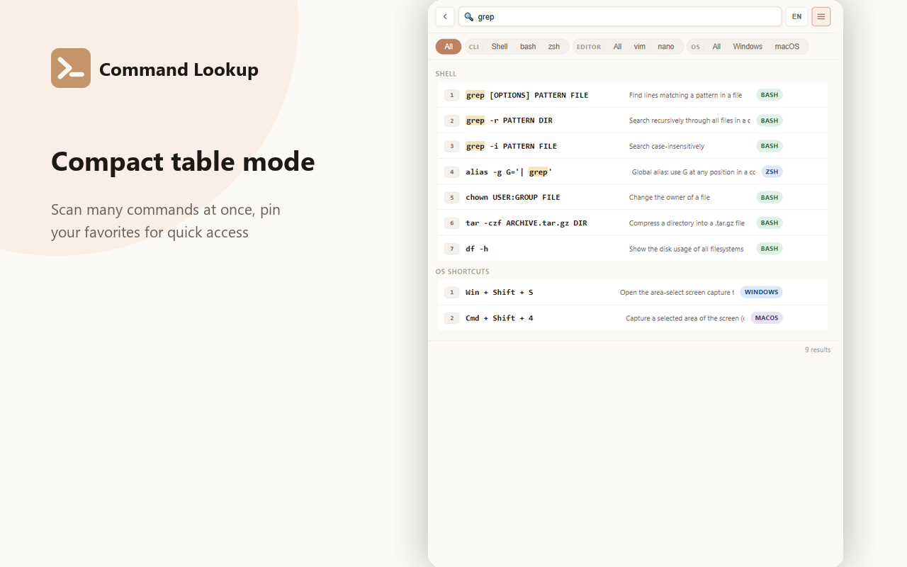 Compact table view, including OS Shortcuts results