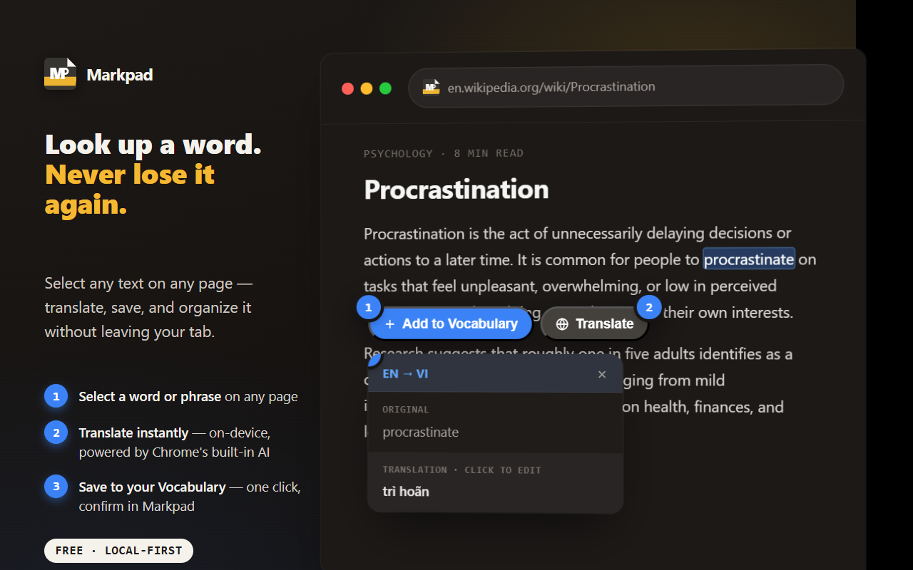 In-page capture — text selected on a webpage with an 'Add to Vocabulary' / 'Translate' pill and inline EN→VI translation panel