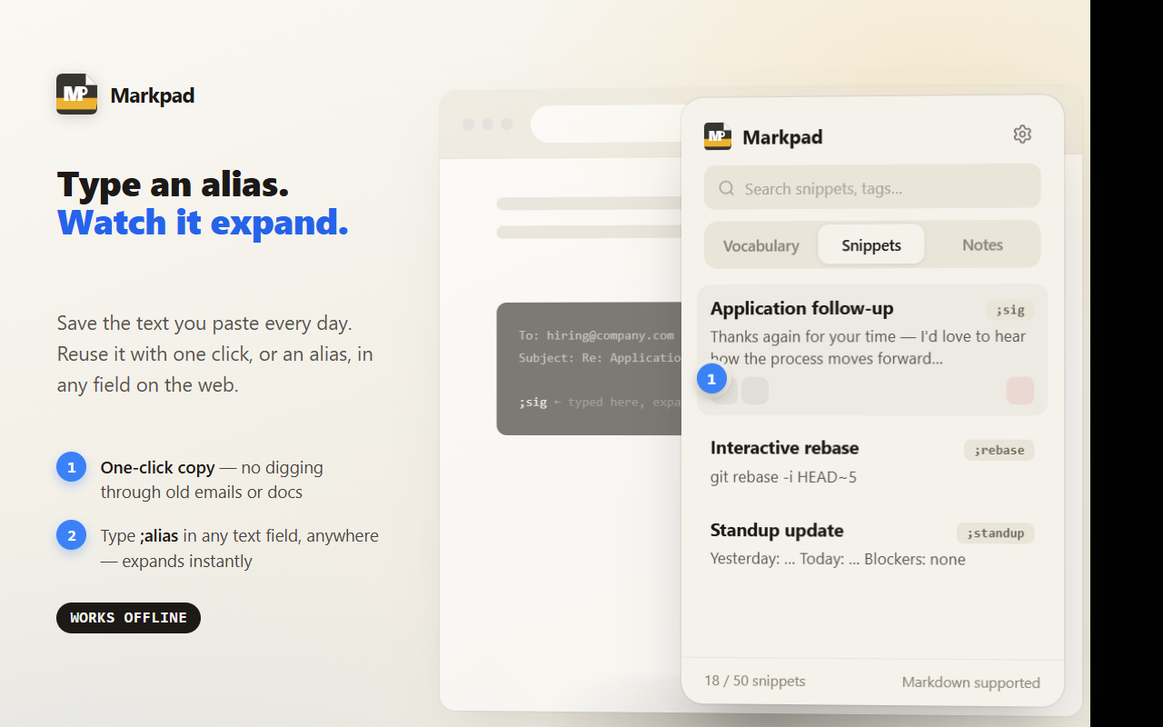 Snippets tab with a `;alias` expansion demo