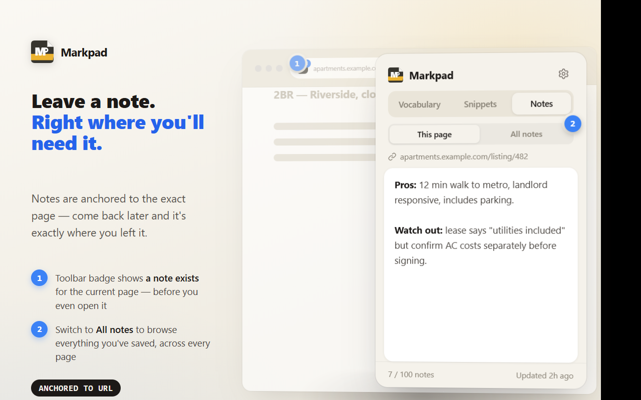 Page Notes anchored to a URL, with the toolbar badge