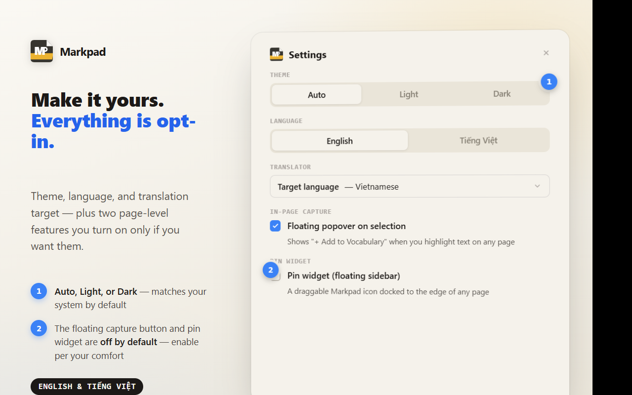Settings panel — theme, translator language, pin widget toggle